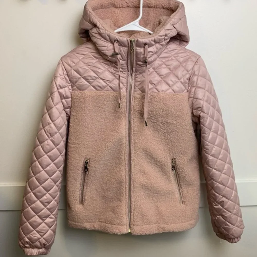 Kate Spade Light Pink Mixed Media Hooded Quilt Coat